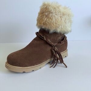 Boho Chic Chestnut Suede Furry Winter Boots | Chain & Tassel Accents